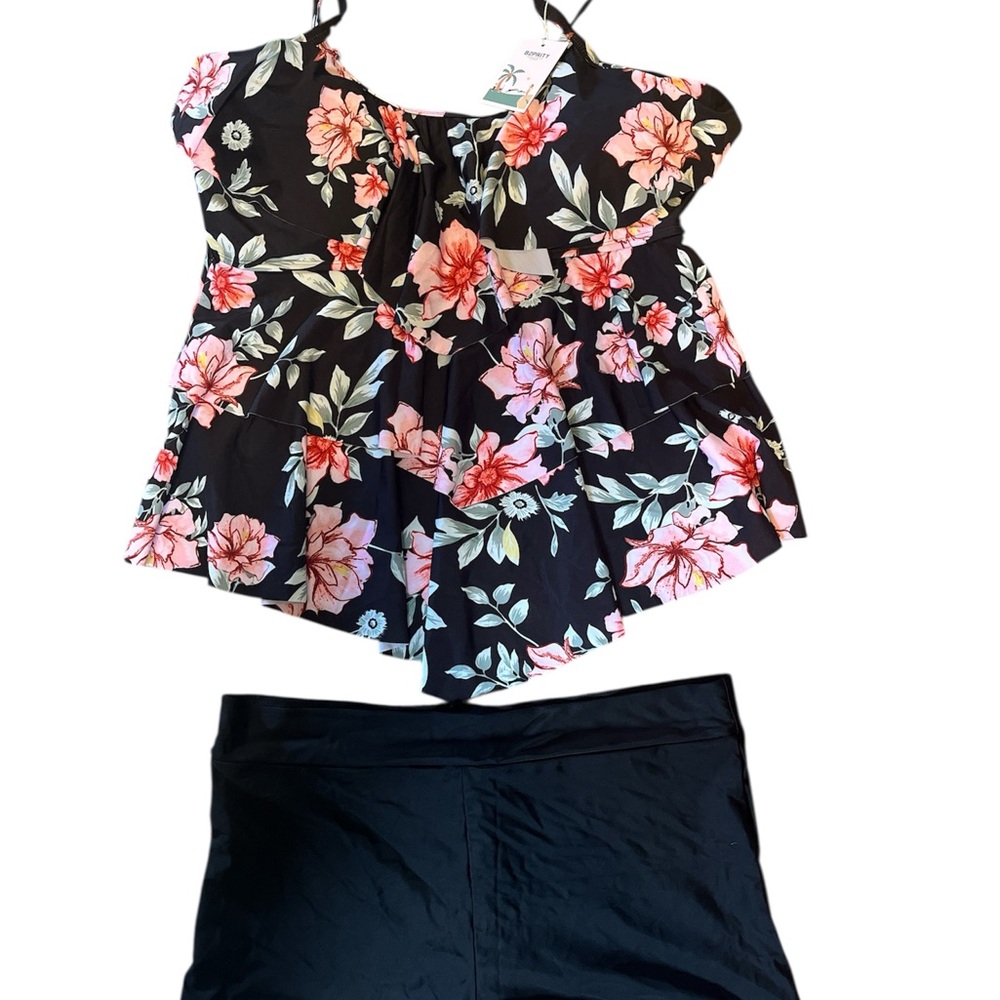 Floral Ruffle Black Swim Dress - Picture 5 of 11